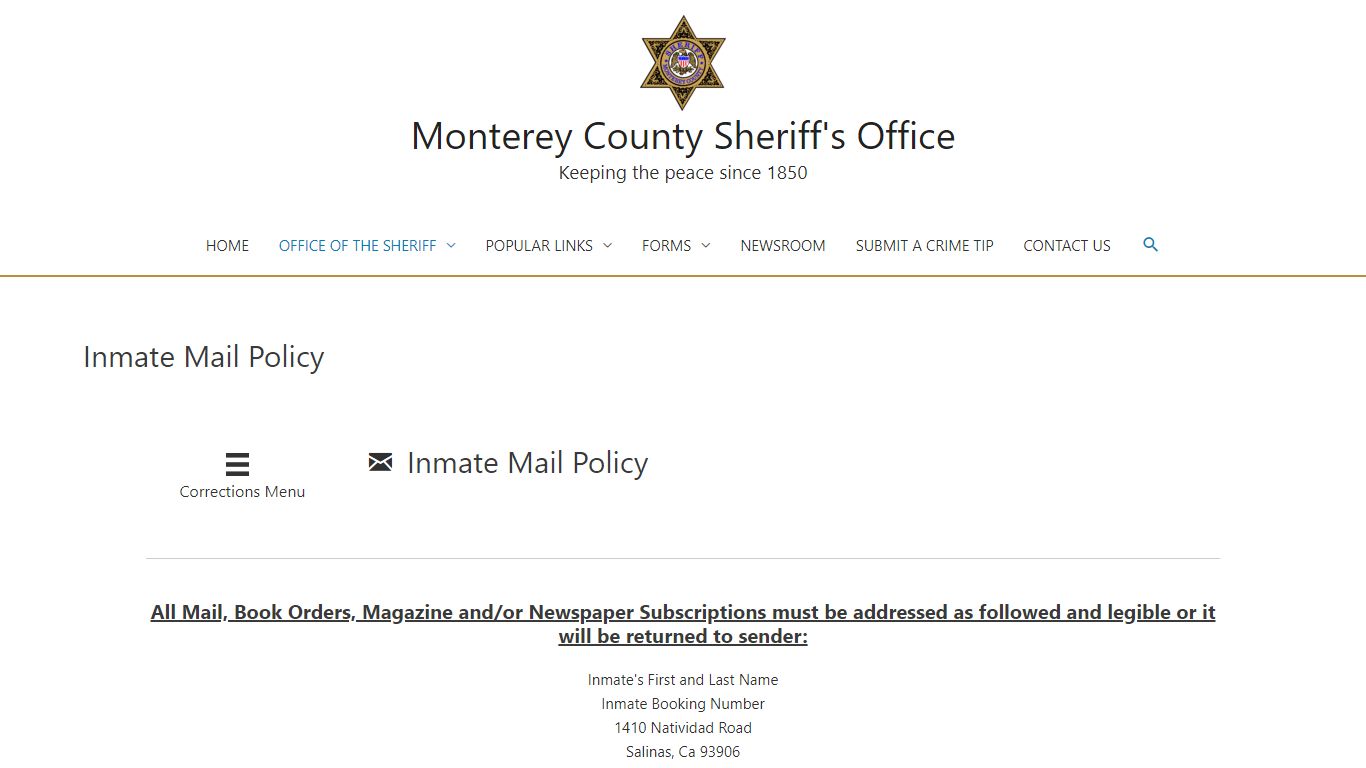 Inmate Mail Policy – Monterey County Sheriff's Office