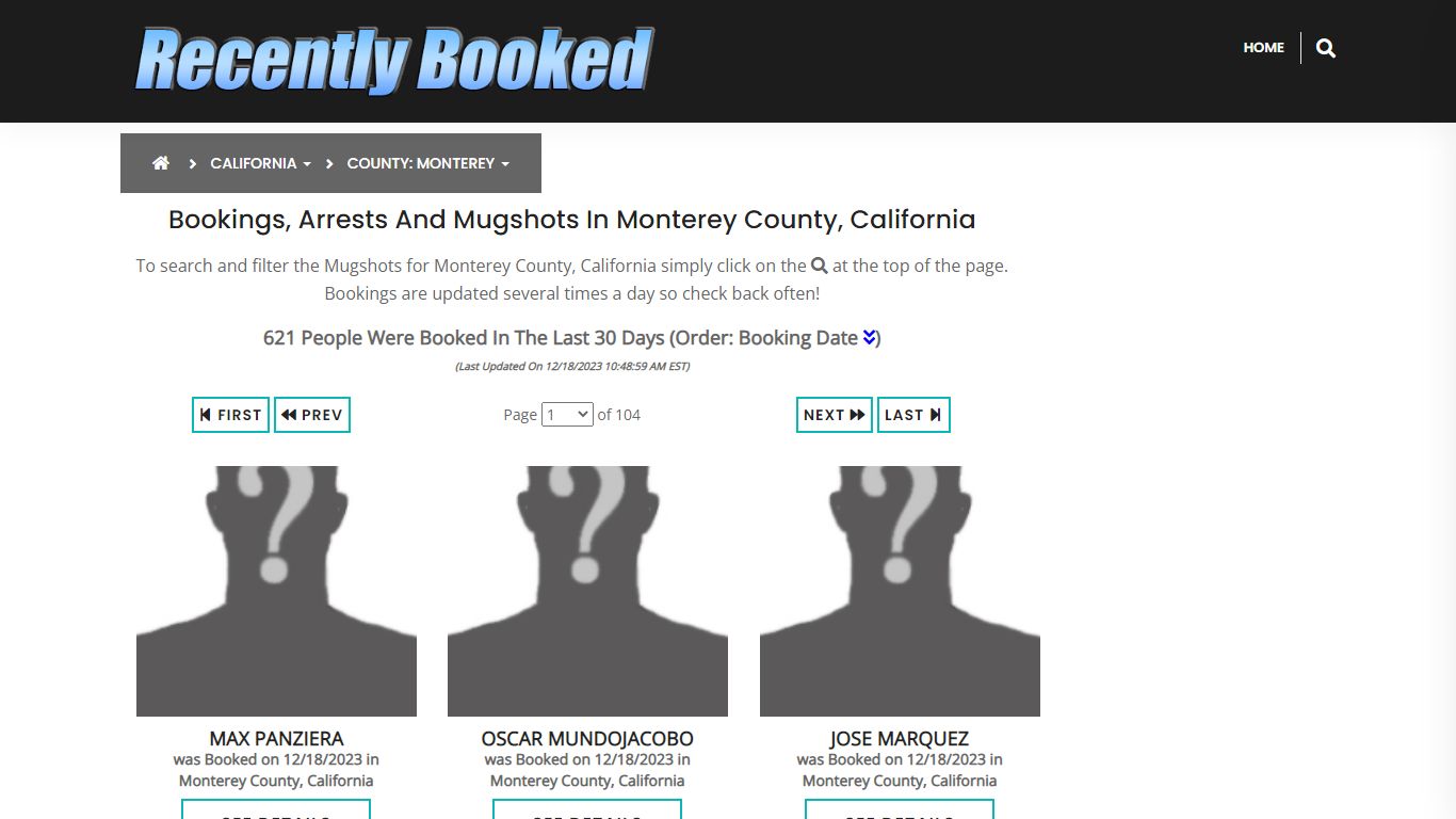 Bookings, Arrests and Mugshots in Monterey County, California